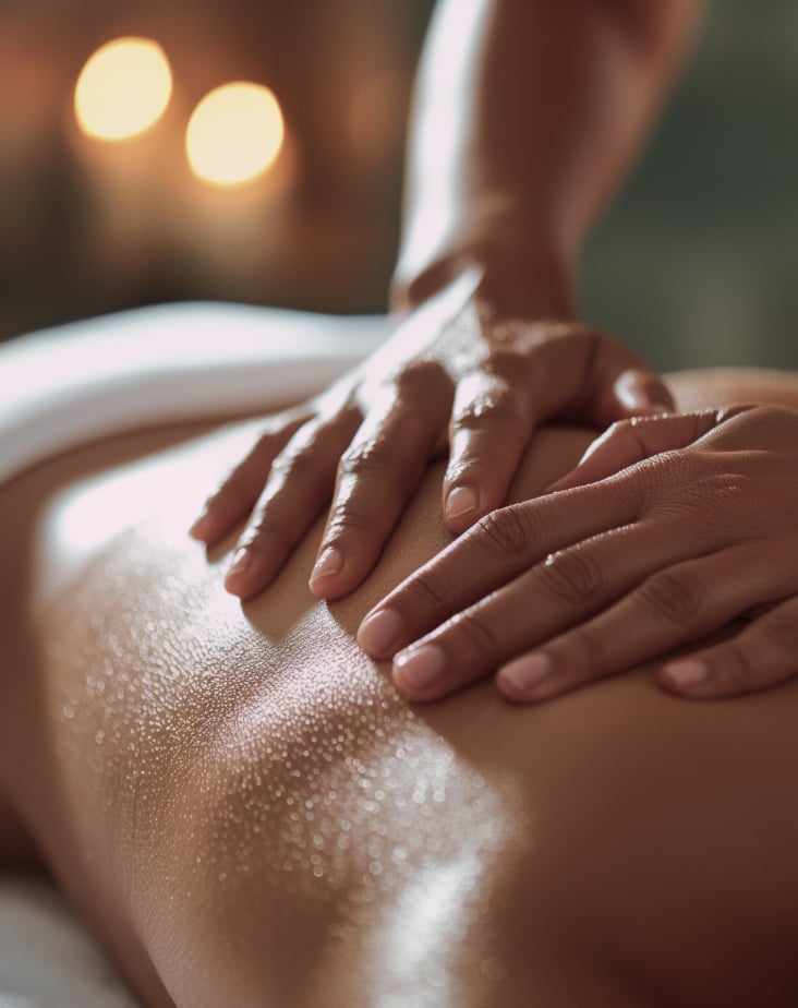 The hands of a masseuse working on someone's back
